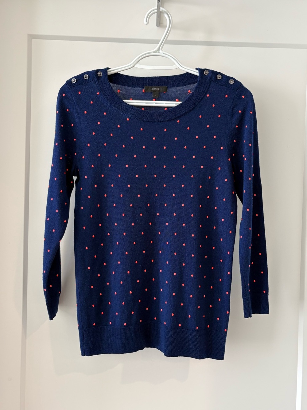 J. Crew Blue Merino Sweater with Bright Pink Polka Dot Accents